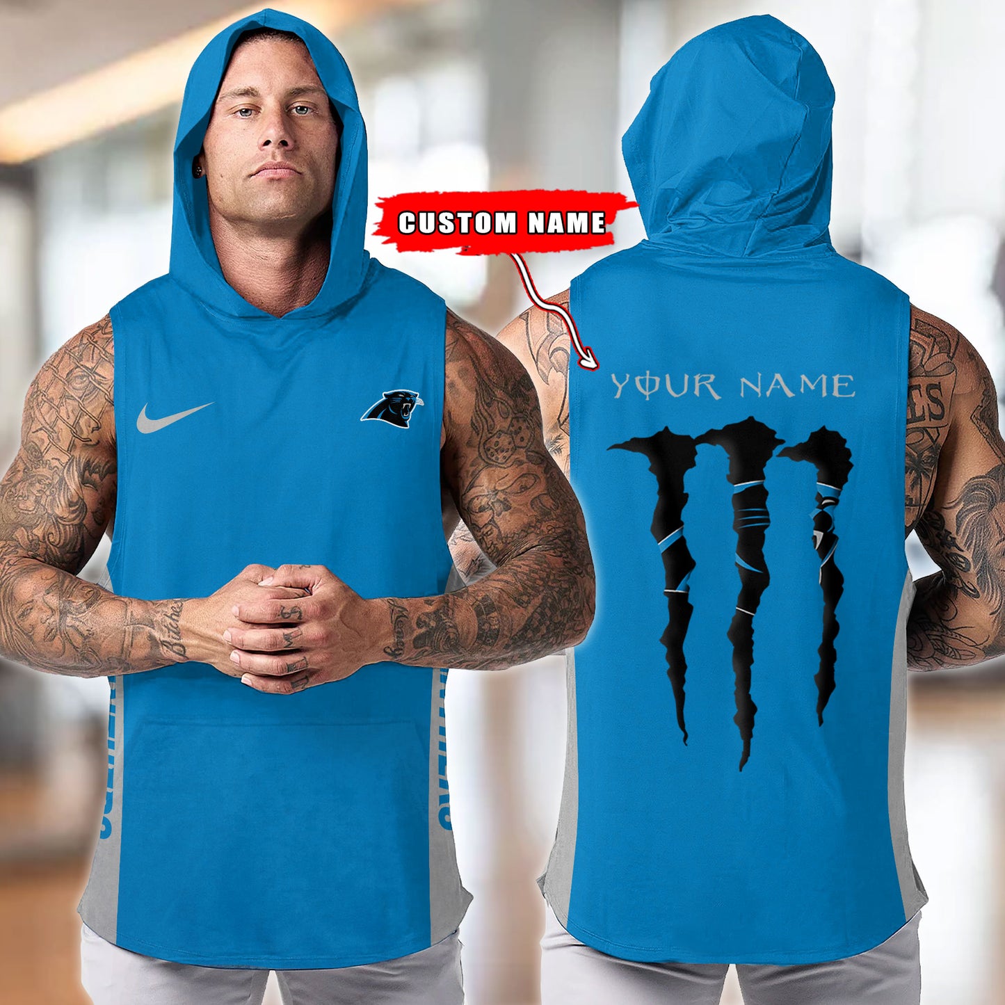 Carolina Panthers Personalied Men Workout Hooded Tank Top AZBTMHTT000005