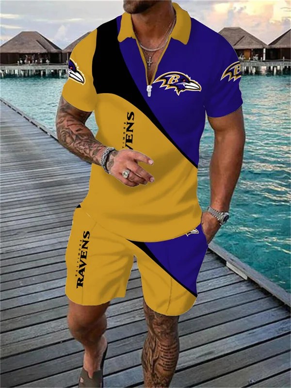 Baltimore Ravens Zip Polo Shirt And Shorts Men AZPLZ016