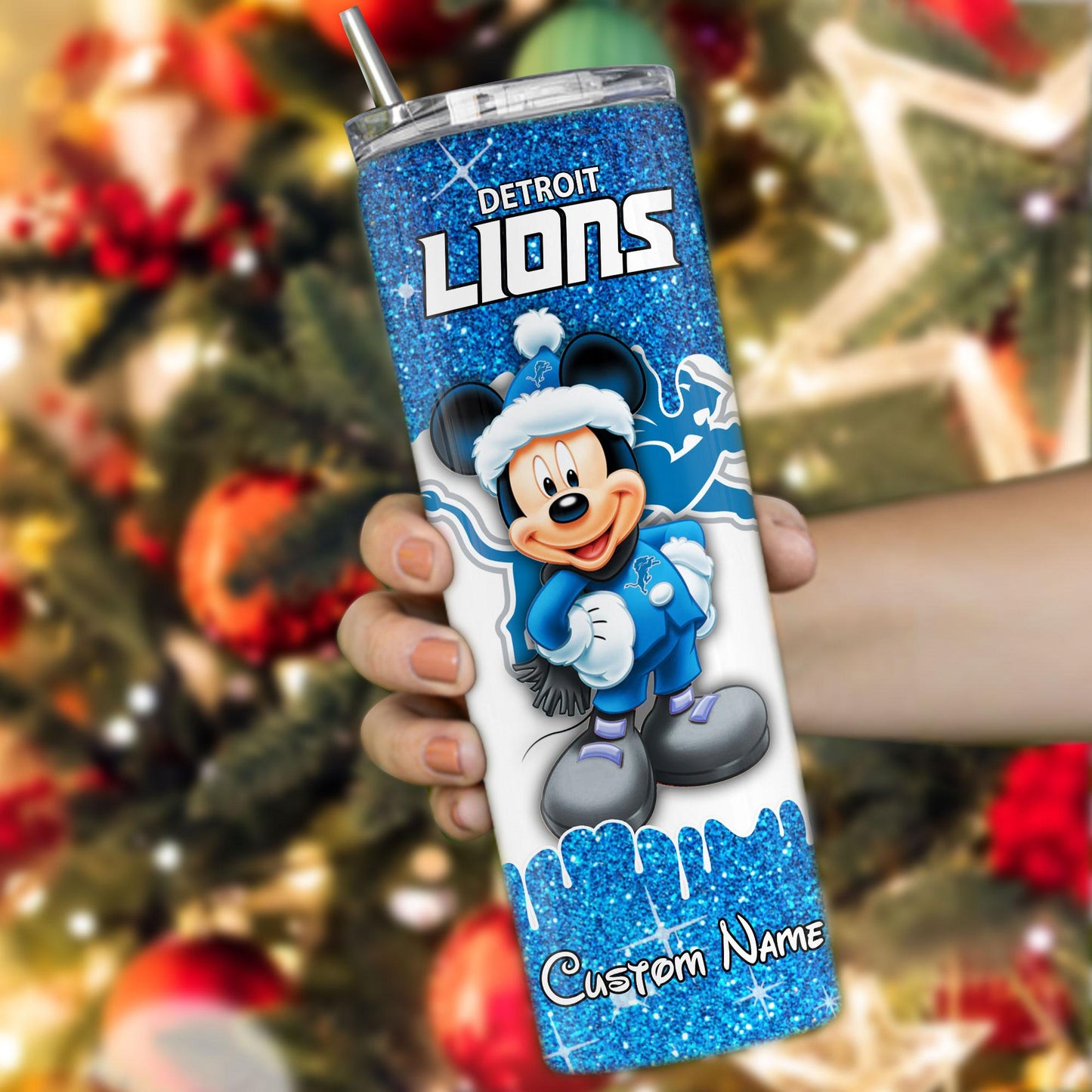 Detroit Lions Personalized Glitter Tumbler With Stainless Steel Straw BGGTS119