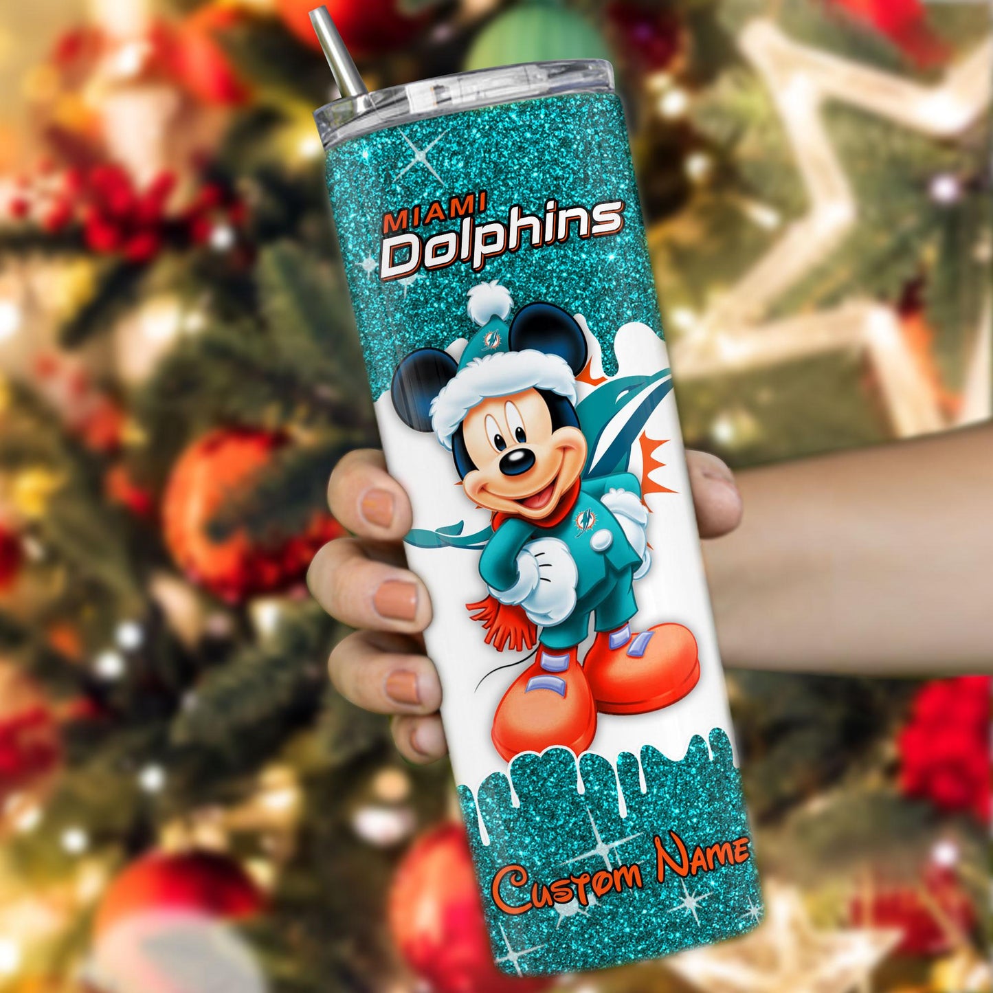 Miami Dolphins Personalized Glitter Tumbler With Stainless Steel Straw BGGTS113