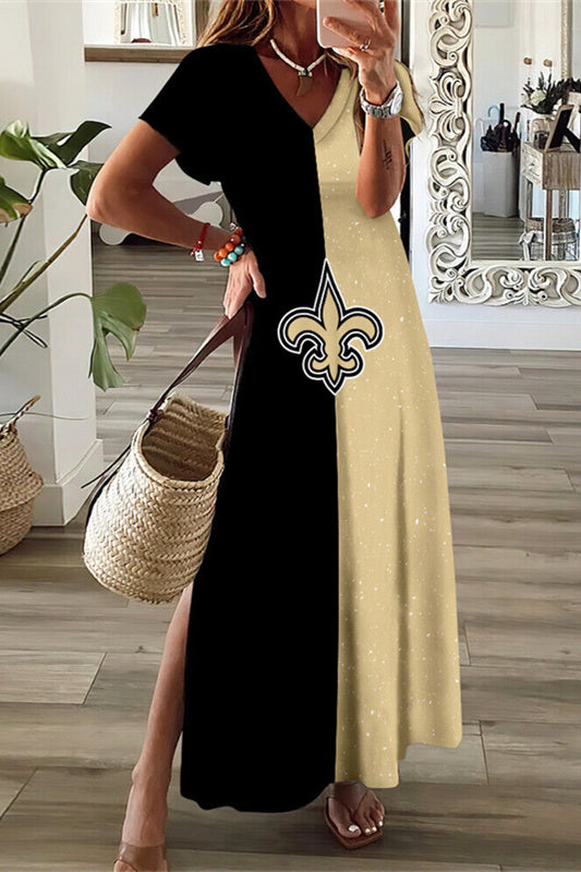 New Orleans Saints V-Neck Side Slit Long Dress AZBTVSD000005