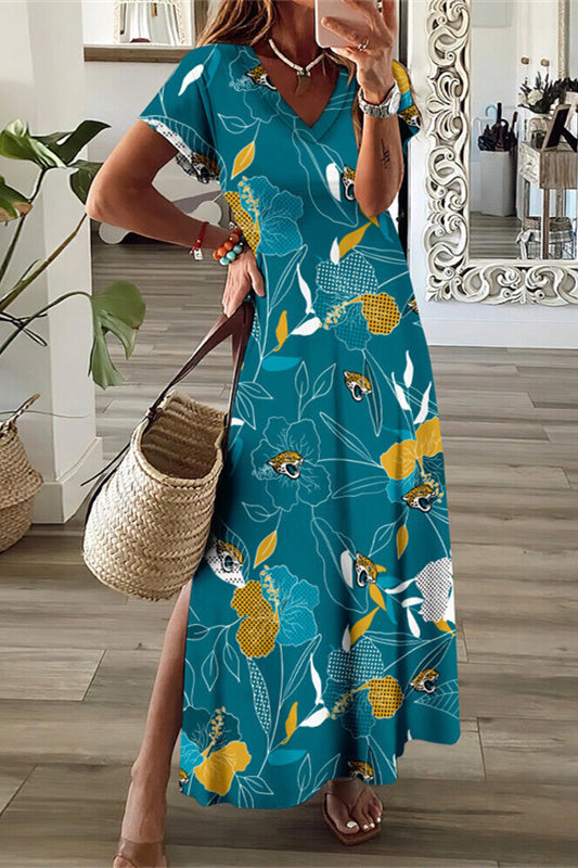 Jacksonville Jaguars V-Neck Side Slit Long Dress AZBTVSD000169