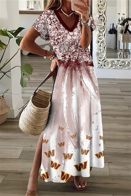 Washington Commanders V-Neck Side Slit Long Dress AZBTVSD000159