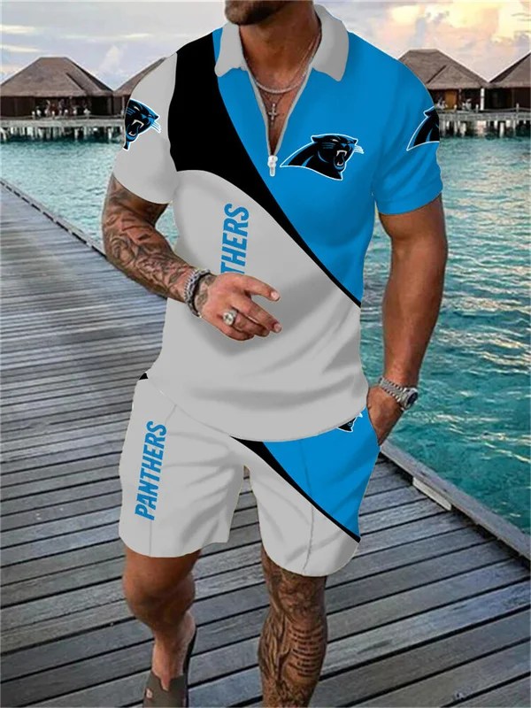 Carolina Panthers Zip Polo Shirt And Shorts Men AZPLZ060