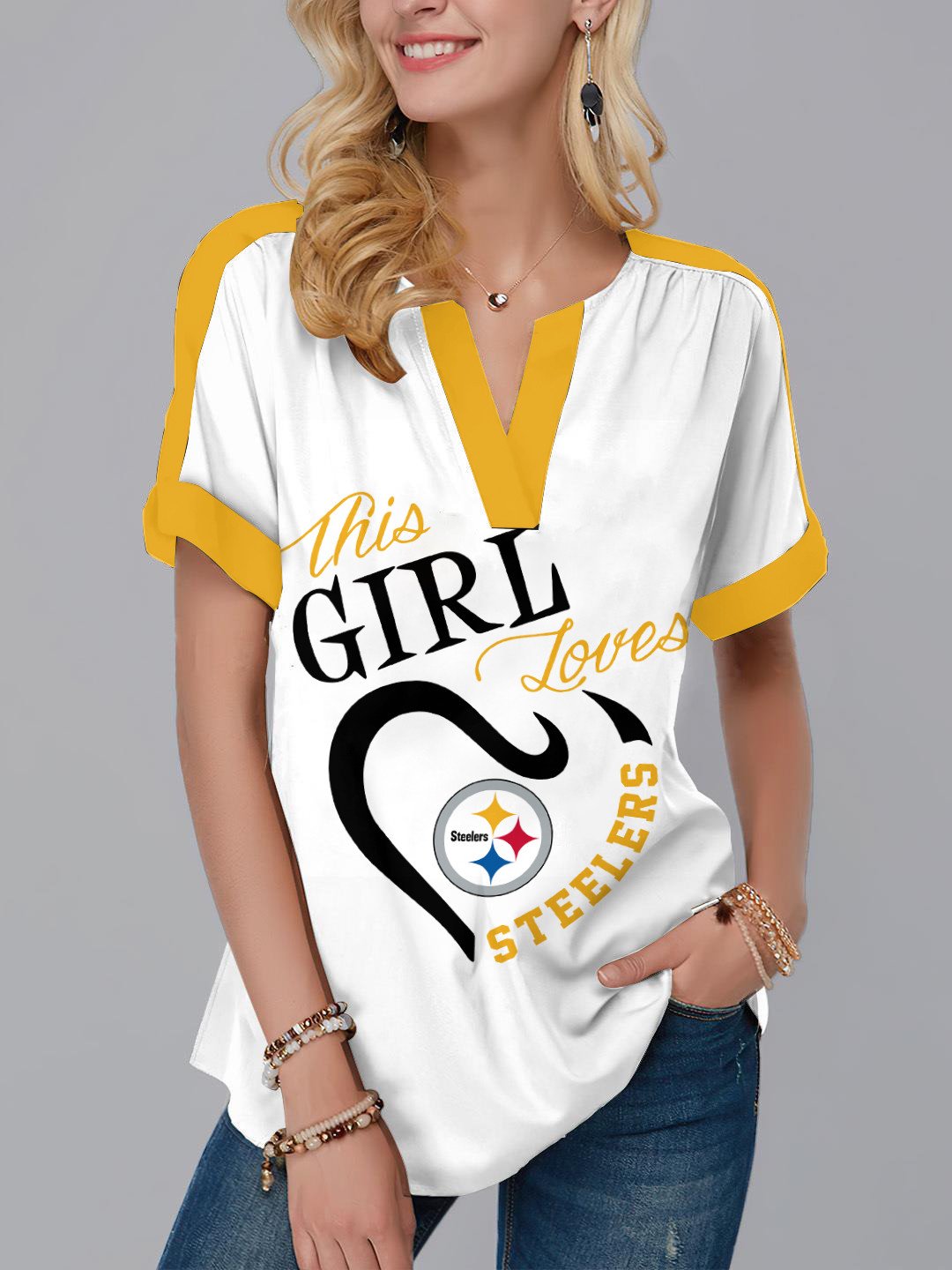 Pittsburgh Steelers Personalized Fashion Short Sleeve V-Neck Shirt AZSSV066