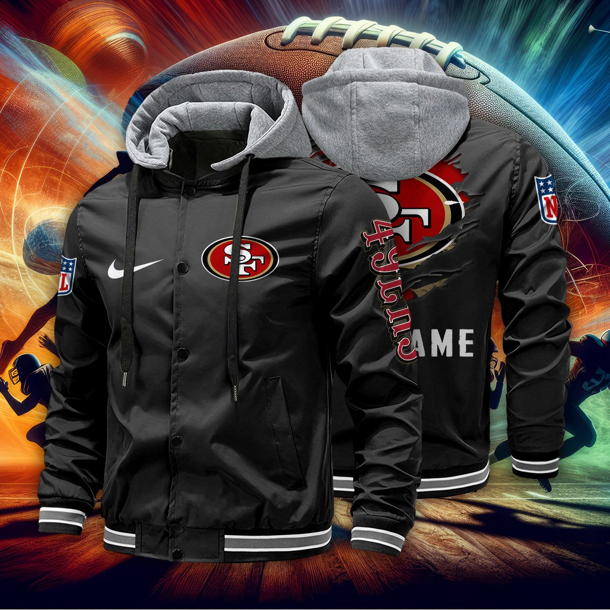 San Francisco 49ers Personalized Baseball Jacket With Detachable Hood AZBTHBJK000016