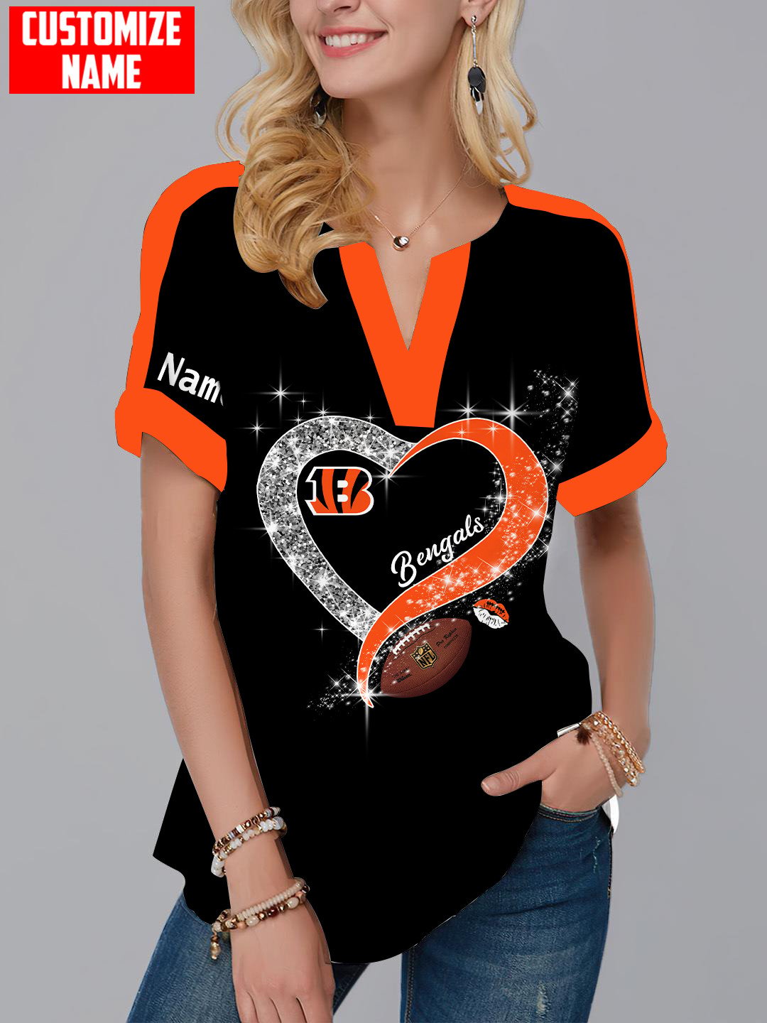 Cincinnati Bengals Personalized Fashion Short Sleeve V-Neck Shirt AZSSV042