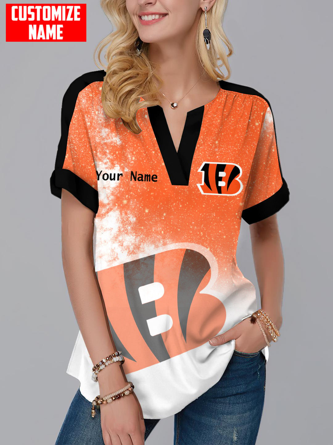 Cincinnati Bengals Personalized Fashion Short Sleeve V-Neck Shirt AZSSV144