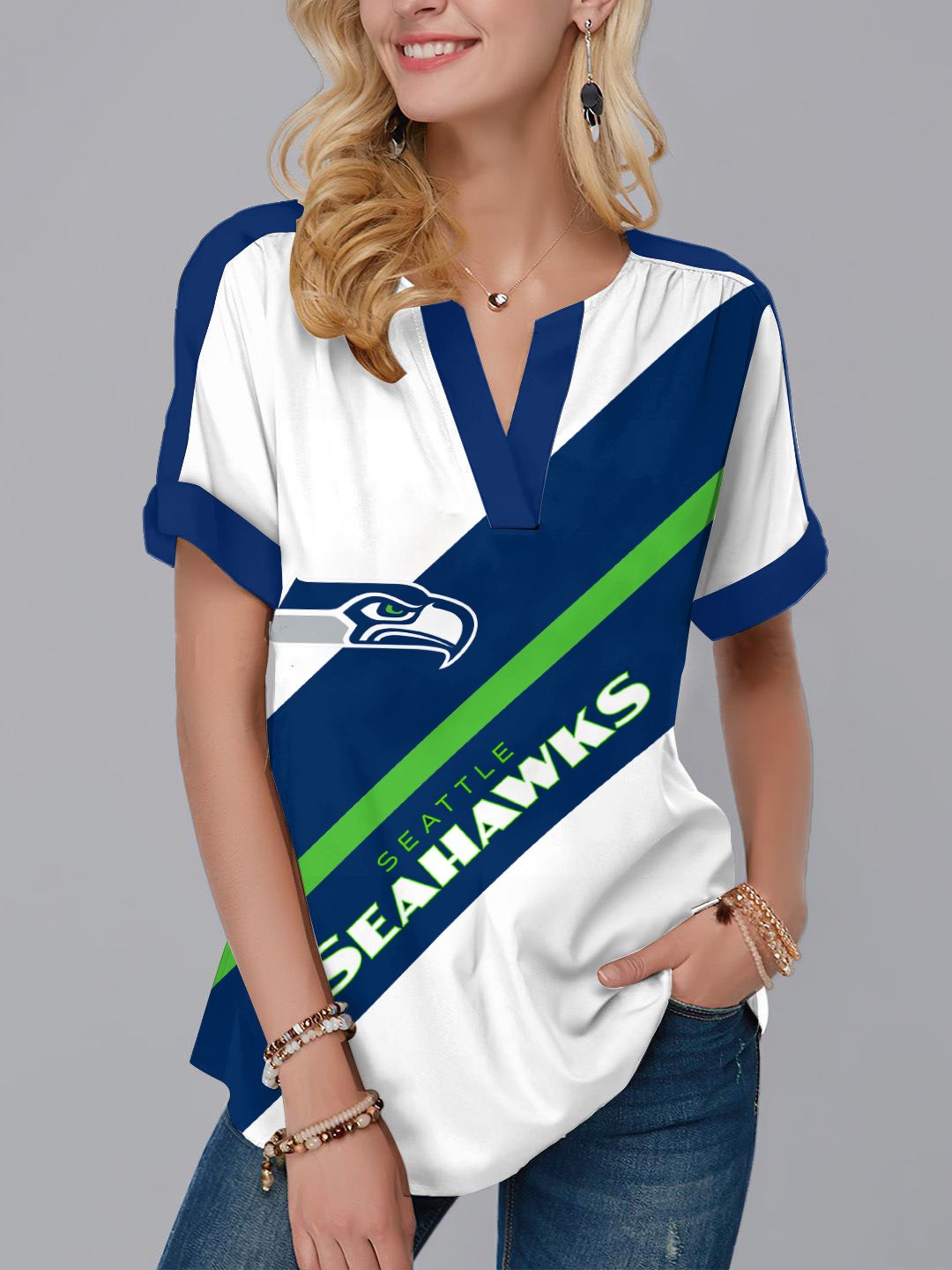 Seattle Seahawks Fashion Short Sleeve V-Neck Shirt AZSSV220