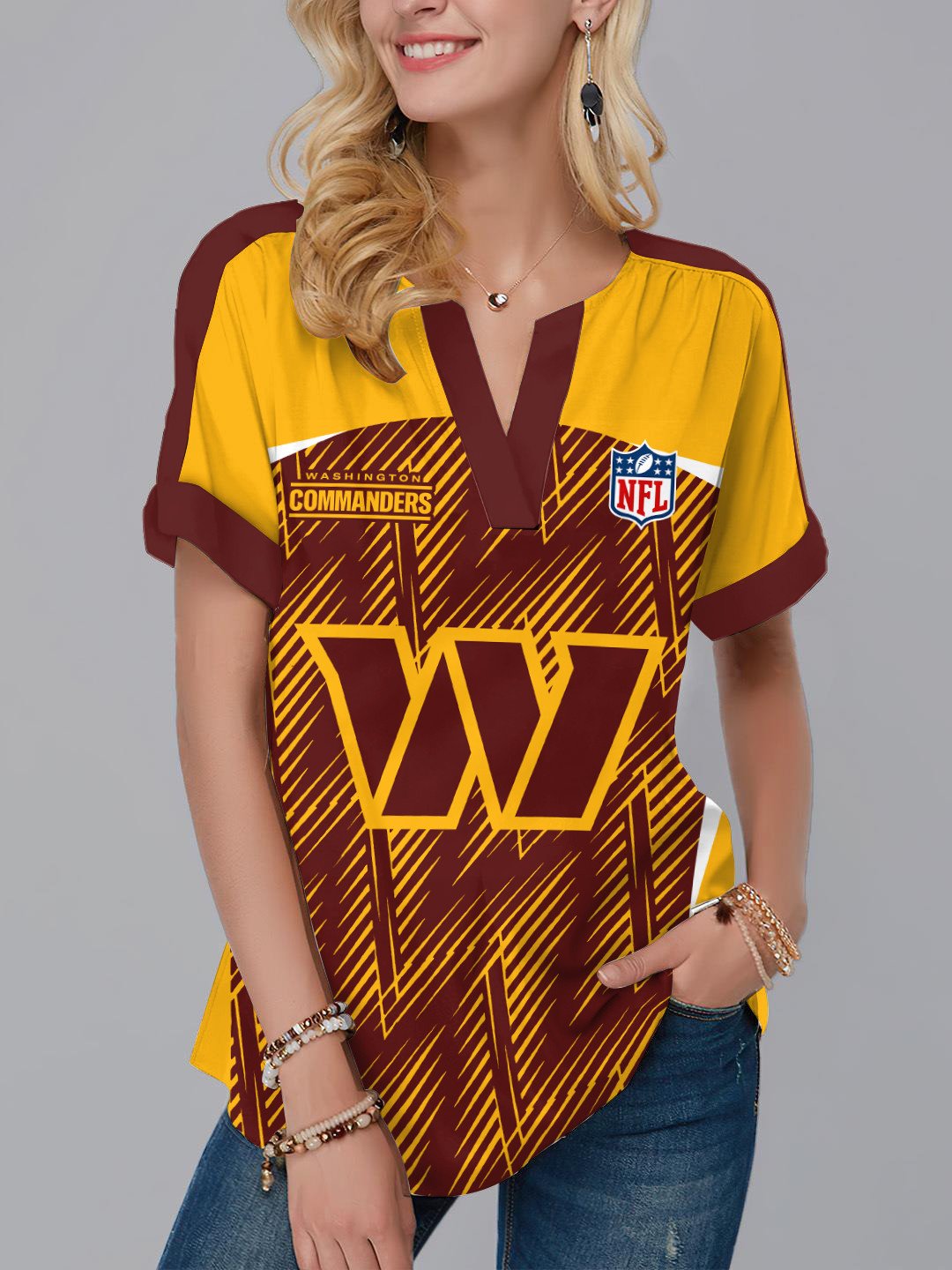Washington Commanders Fashion Short Sleeve V-Neck Shirt AZSSV235