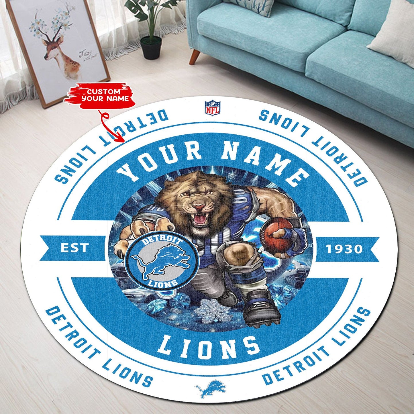 Detroit Lions Personalized Round Rug 98RRUG246