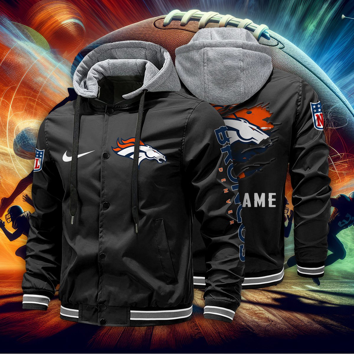 Denver Broncos Personalized Baseball Jacket With Detachable Hood AZBTHBJK000006