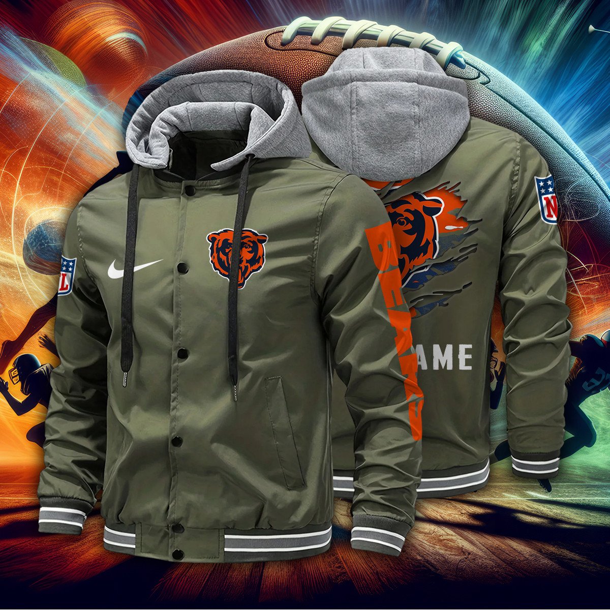 Chicago Bears Personalized Baseball Jacket With Detachable Hood AZBTHBJK000004
