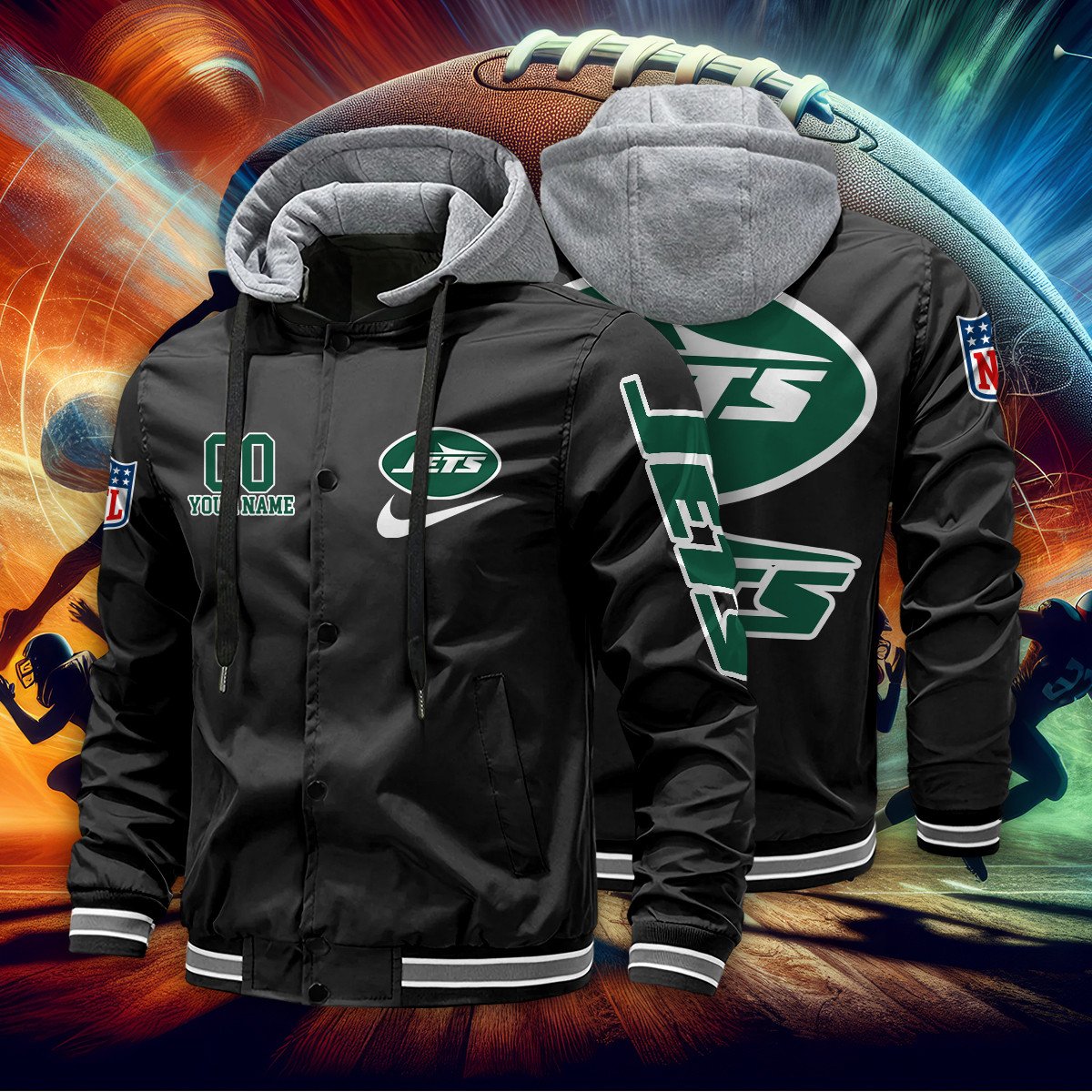New York Jets Personalized Baseball Jacket With Detachable Hood AZBTHBJK000042