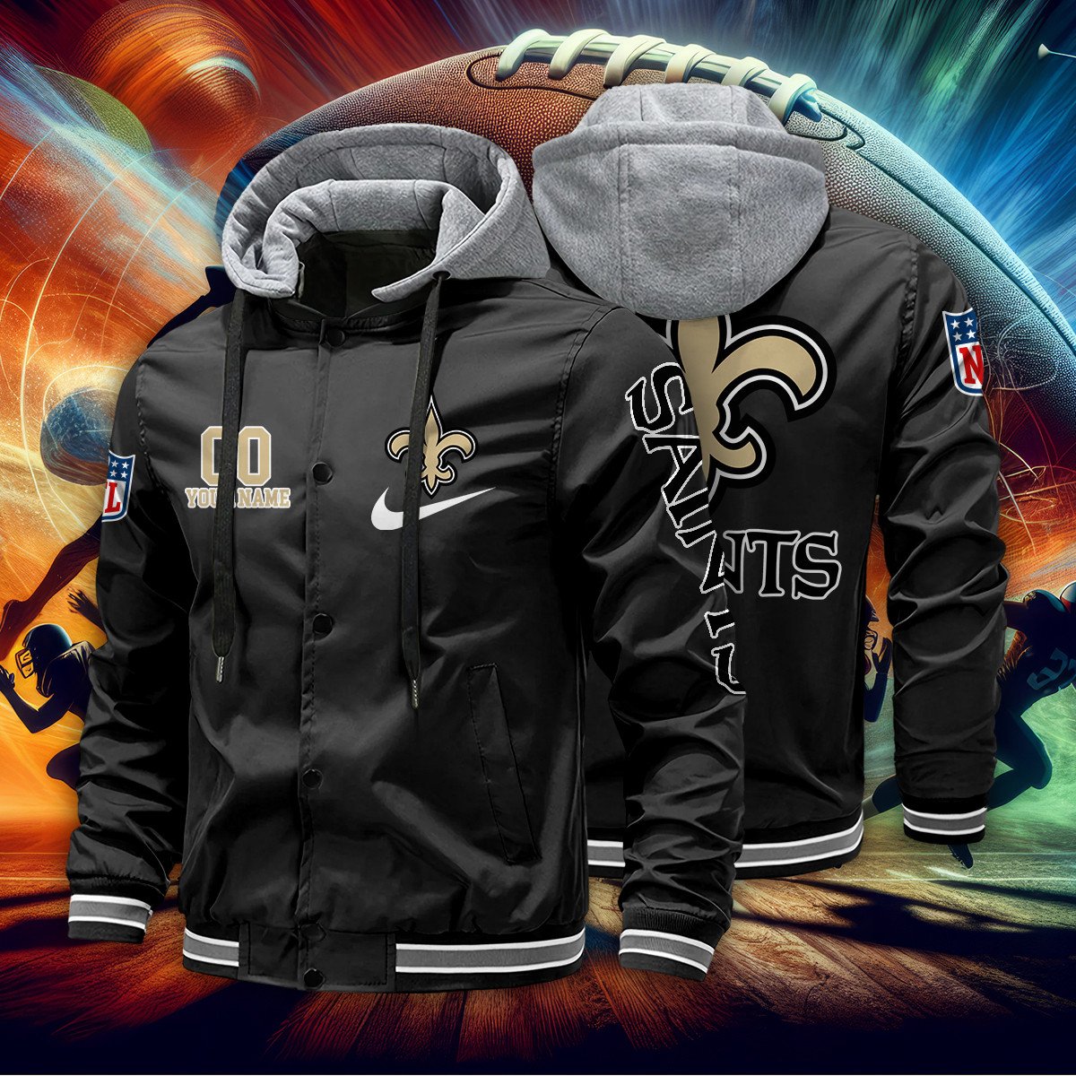 New Orleans Saints Personalized Baseball Jacket With Detachable Hood AZBTHBJK000018