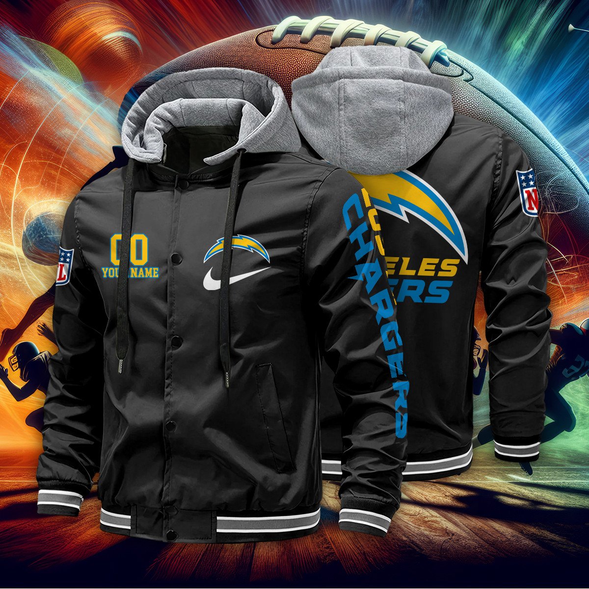 Los Angeles Chargers Personalized Baseball Jacket With Detachable Hood AZBTHBJK000036