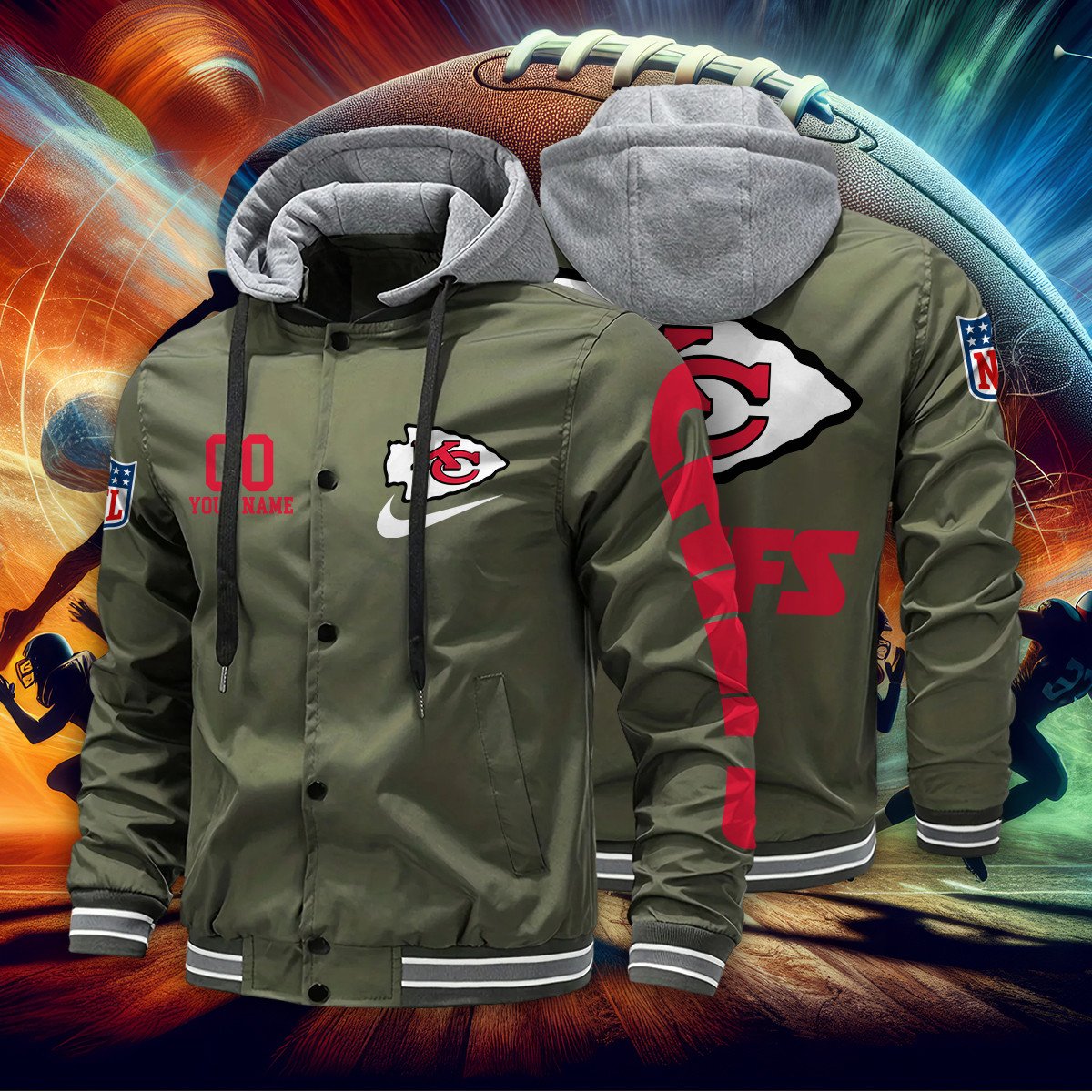 Kansas City Chiefs Personalized Baseball Jacket With Detachable Hood AZBTHBJK000034