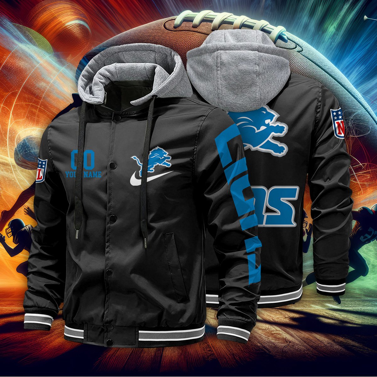 Detroit Lions Personalized Baseball Jacket With Detachable Hood AZBTHBJK000029