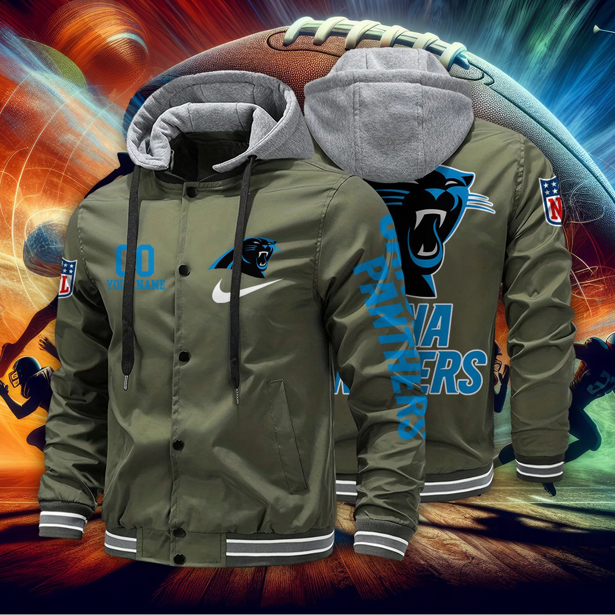 Carolina Panthers Personalized Baseball Jacket With Detachable Hood AZBTHBJK000023