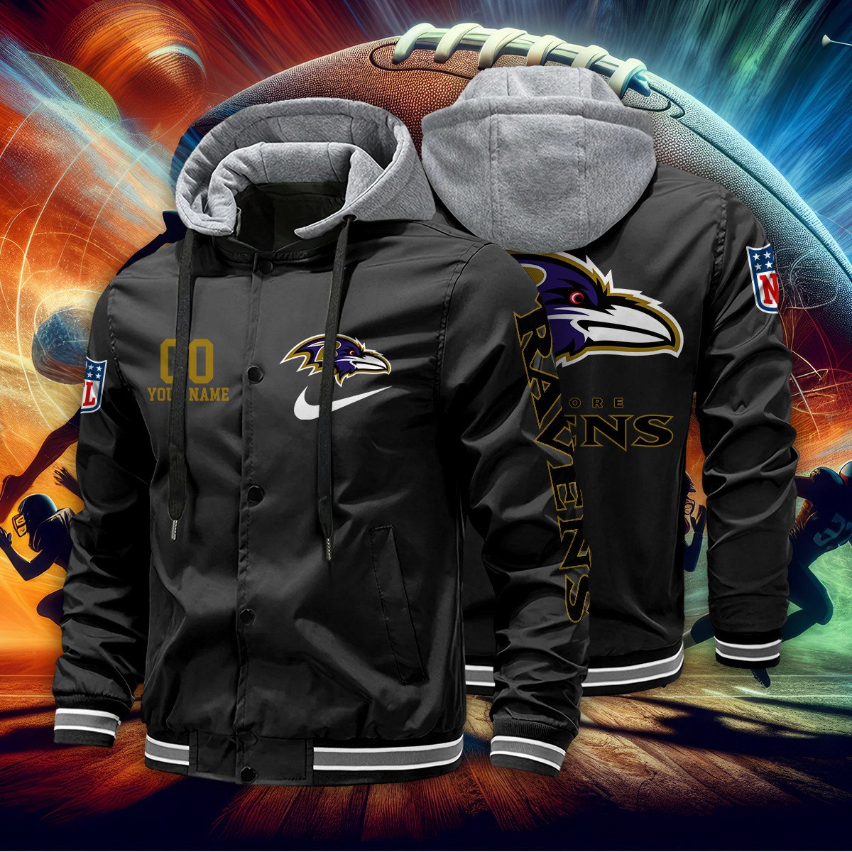 Baltimore Ravens Personalized Baseball Jacket With Detachable Hood AZBTHBJK000021