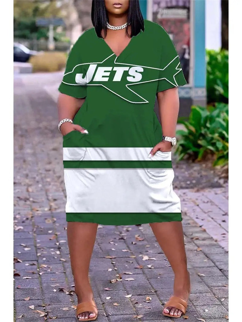 New York Jets V-neck Casual Pocket Dress Limited Edition AZBTVCPD000190