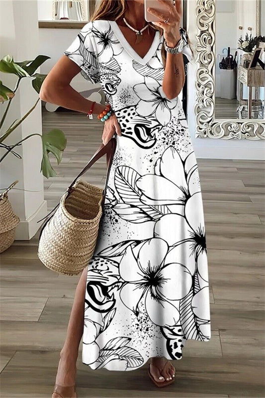 Jacksonville Jaguars V-Neck Side Slit Long Dress AZBTVSD000330