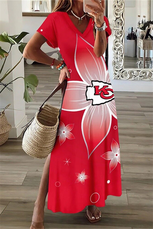 Kansas City Chiefs V-Neck Side Slit Long Dress AZBTVSD000313