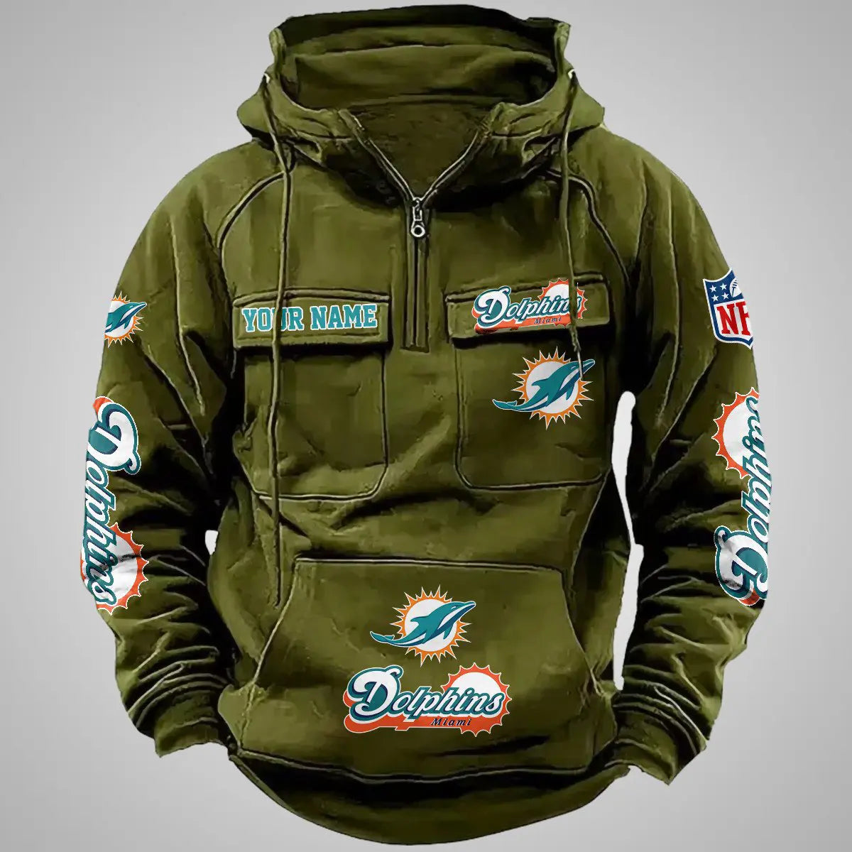 Miami Dolphins New Personalized Multi-Pockets Zip Hoodie AZBTMZHD000100