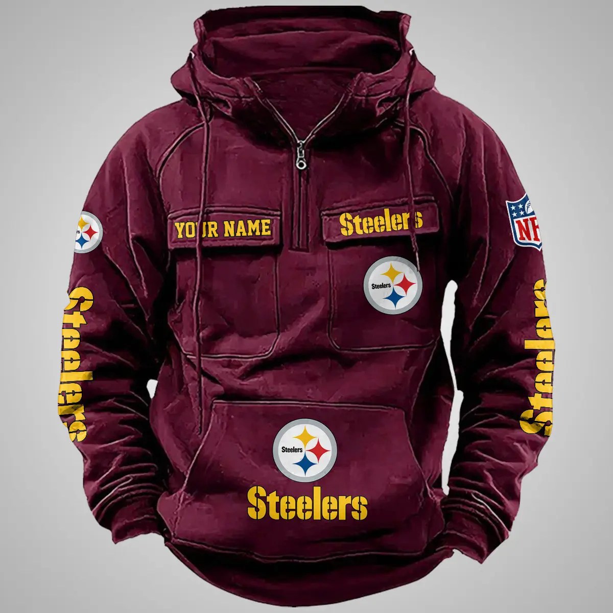 Pittsburgh Steelers New Personalized Multi-Pockets Zip Hoodie AZBTMZHD000090