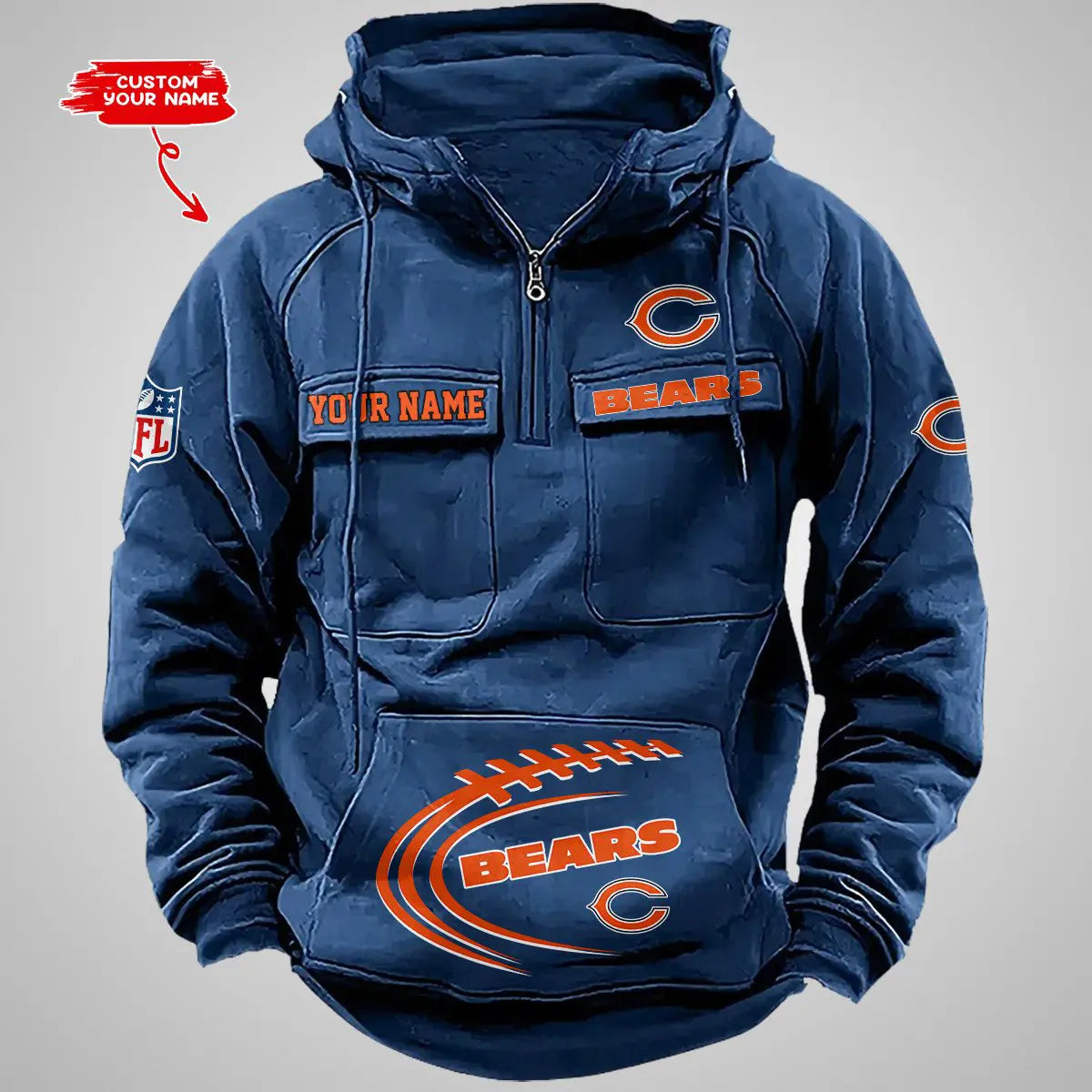 Chicago Bears New Personalized Multi-Pockets Zip Hoodie AZBTMZHD000079