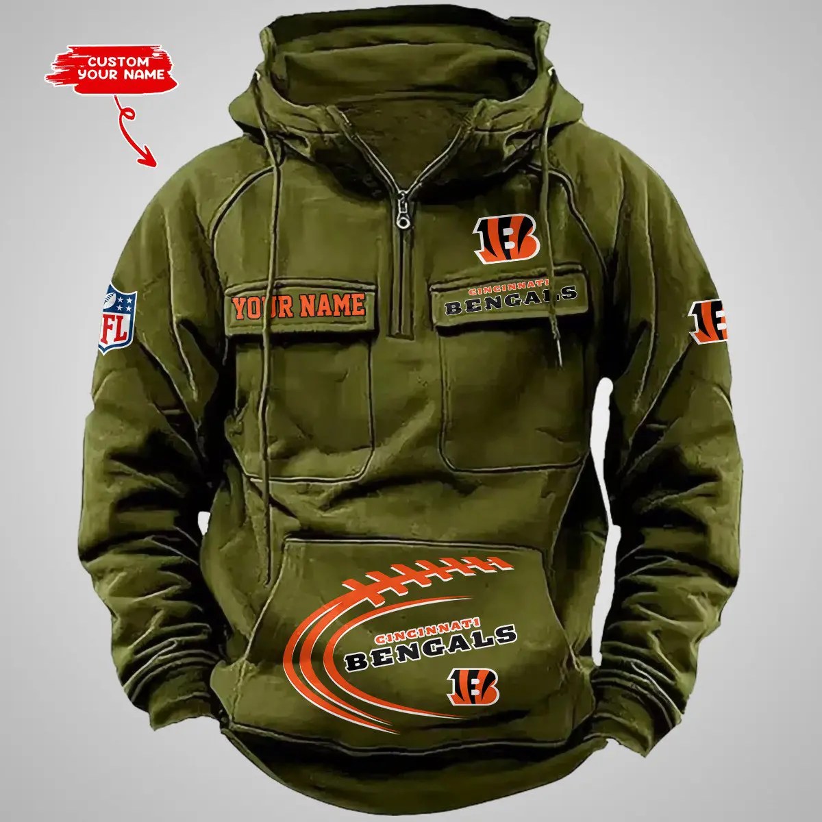 Cincinnati Bengals New Personalized Multi-Pockets Zip Hoodie AZBTMZHD000081