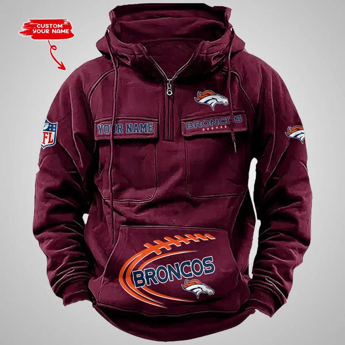 Denver Broncos New Personalized Multi-Pockets Zip Hoodie AZBTMZHD000083
