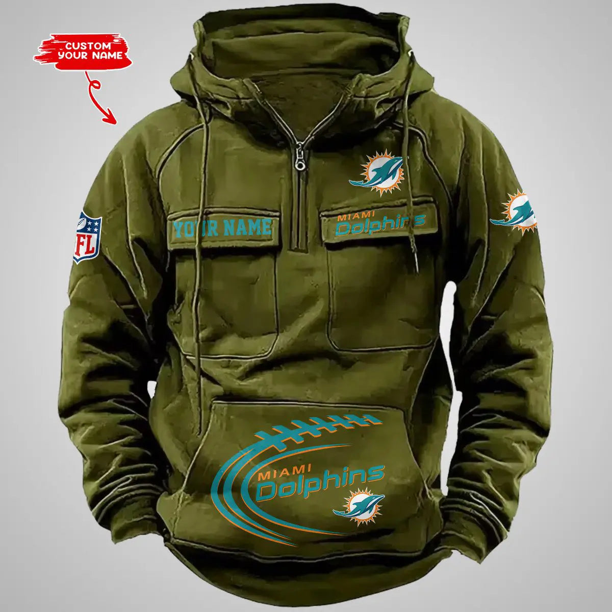 Miami Dolphins New Personalized Multi-Pockets Zip Hoodie AZBTMZHD000069