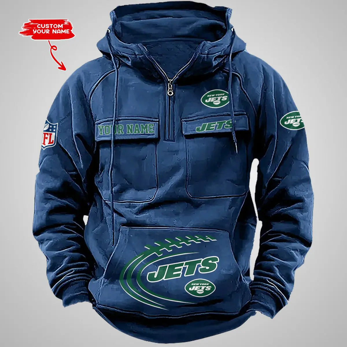 New York Jets New Personalized Multi-Pockets Zip Hoodie AZBTMZHD000074