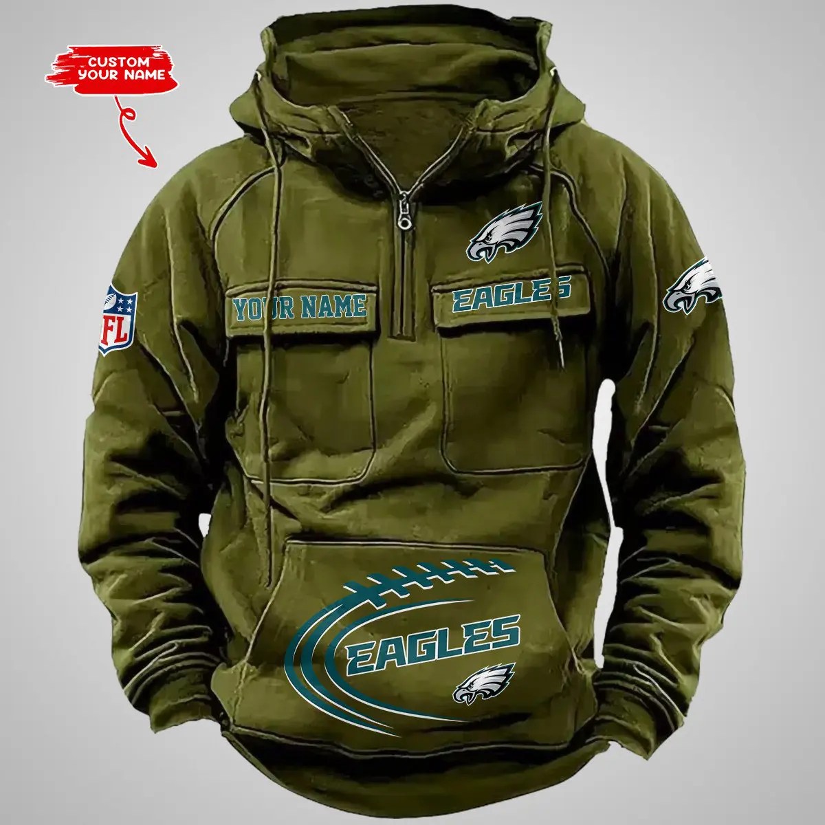 Philadelphia Eagles New Personalized Multi-Pockets Zip Hoodie AZBTMZHD000105
