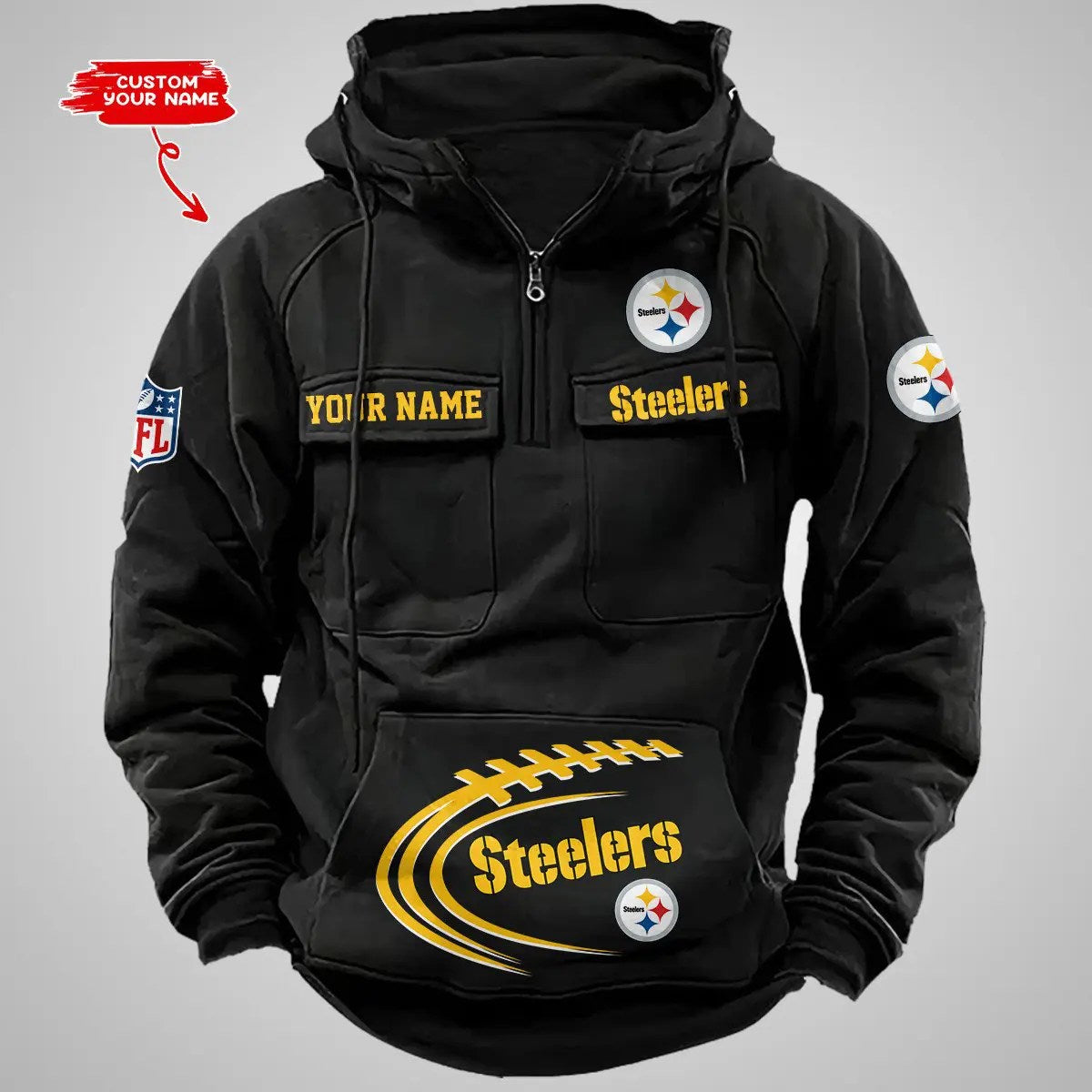 Pittsburgh Steelers New Personalized Multi-Pockets Zip Hoodie AZBTMZHD000106