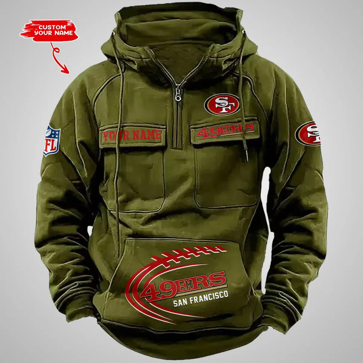 San Francisco 49ers New Personalized Multi-Pockets Zip Hoodie AZBTMZHD000061