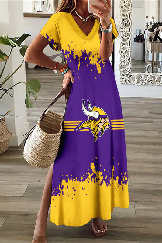 Minnesota Vikings V-Neck Side Slit Long Dress AZBTVSD000212