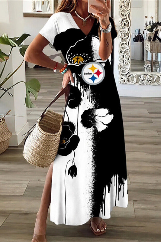 Pittsburgh Steelers V-Neck Side Slit Long Dress AZBTVSD000345