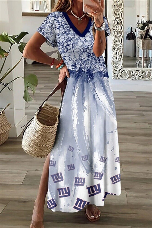 New York Giants V-Neck Side Slit Long Dress AZBTVSD000203