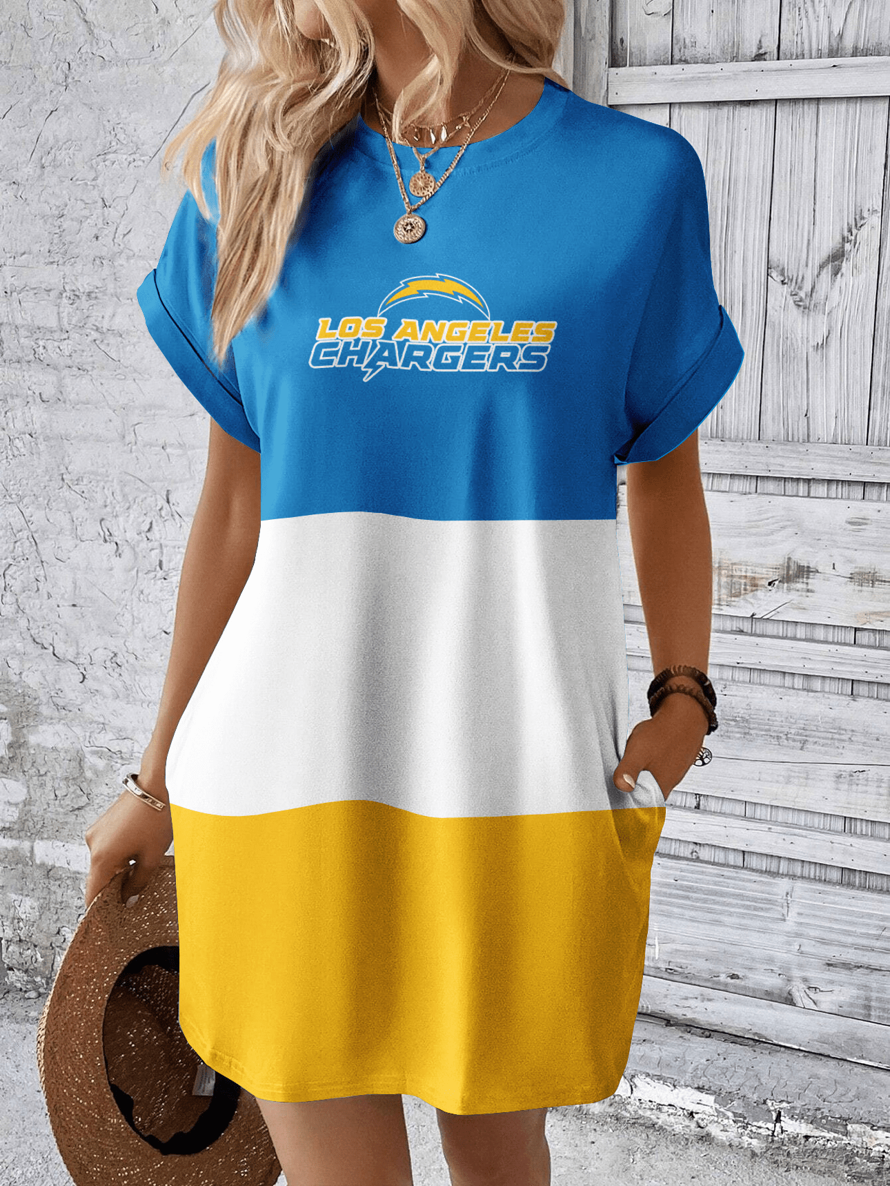 Los Angeles Chargers Women Hidden Pocket Batwing Casual Dress AZDDBWCD000083