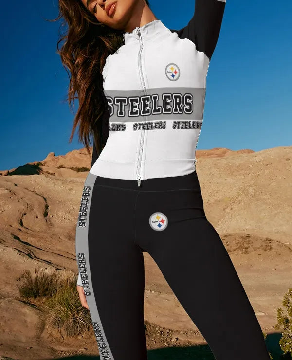 Pittsburgh Steelers 2 Piece Workout Sets :Sculpt High Waist Gym Leggings & long Sleeve Sports Top (2)