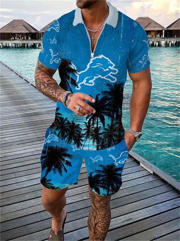 Detroit Lions Zip Polo Shirt And Shorts Men AZPLZ206