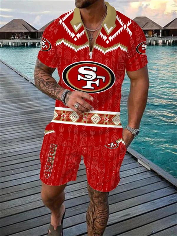 San Francisco 49ers Zip Polo Shirt And Shorts Men AZPLZ112