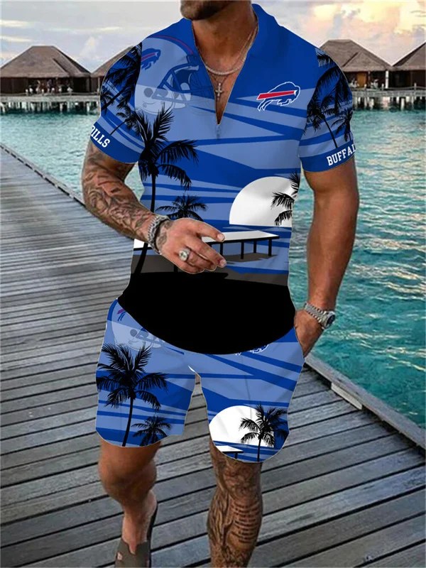Buffalo Bills Zip Polo Shirt And Shorts Men AZPLZ158