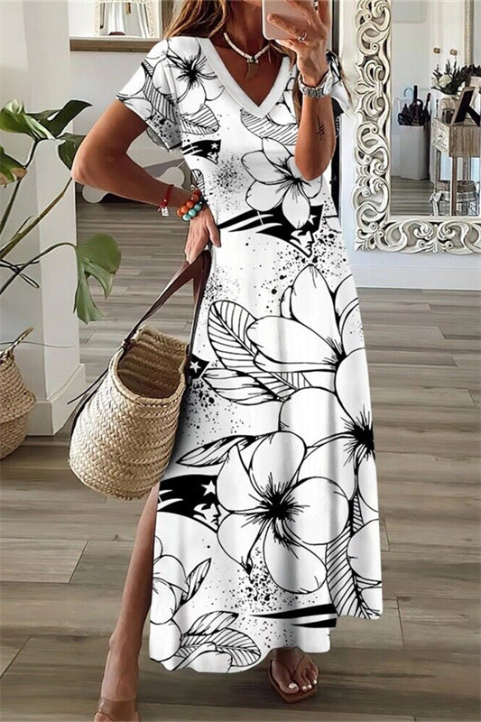 New England Patriots V-Neck Side Slit Long Dress AZBTVSD000287