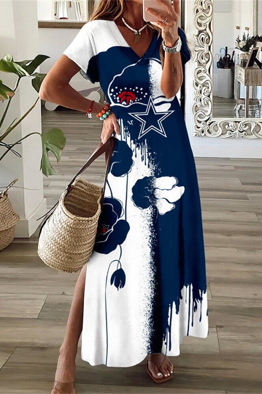 Dallas Cowboys V-Neck Side Slit Long Dress AZBTVSD000257