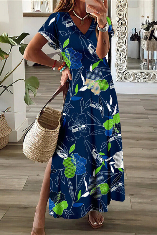 Seattle Seahawks V-Neck Side Slit Long Dress AZBTVSD000477