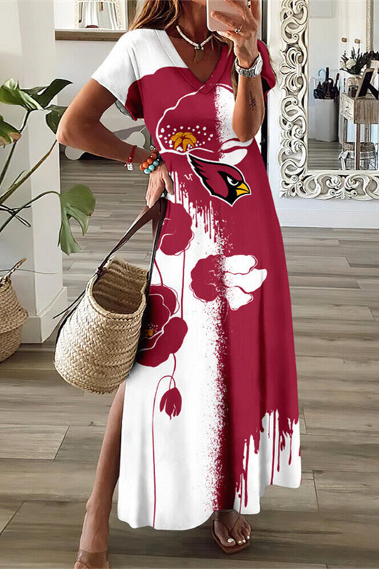 Arizona Cardinals V-Neck Side Slit Long Dress AZBTVSD000376