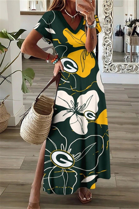 Green Bay Packers V-Neck Side Slit Long Dress AZBTVSD000329